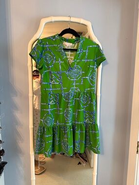Jude Connally Green Mini Dress with Blue lattice Print